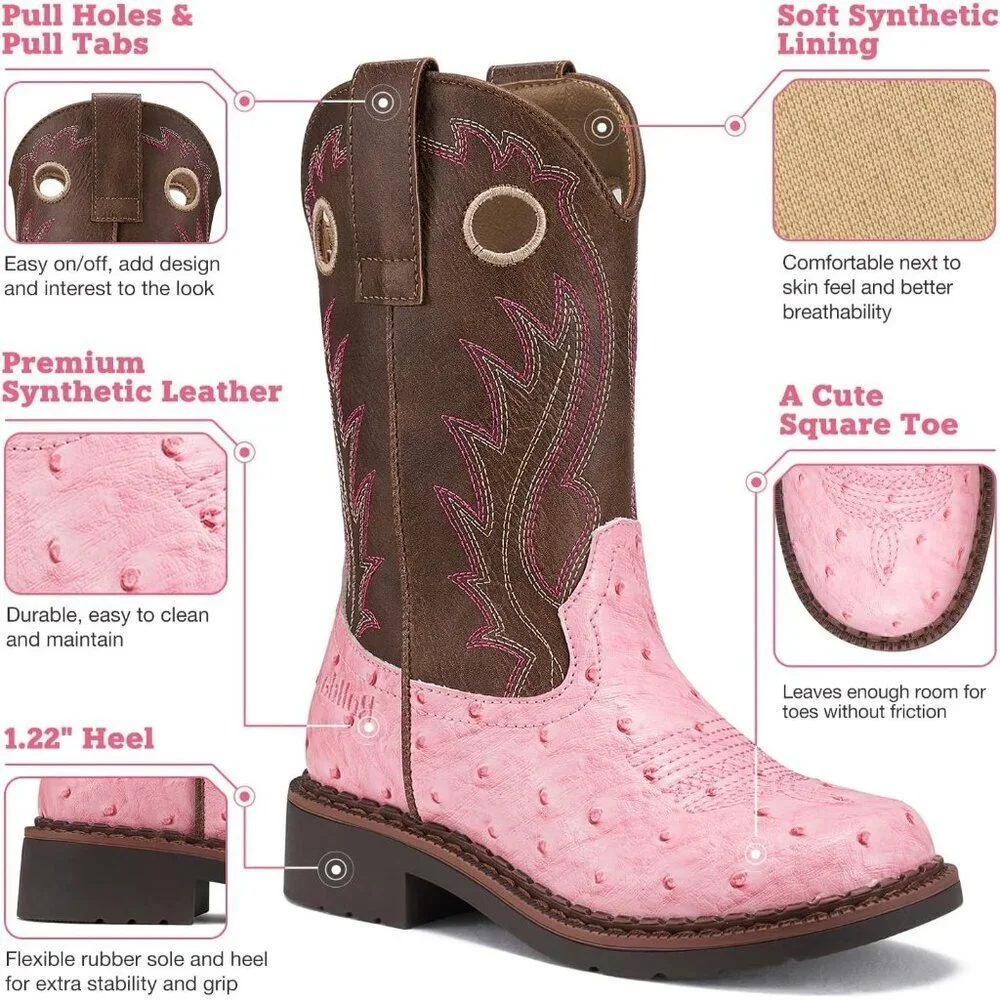 Kids Pink Classic Western Boots Square Toe Girls Cowgirl Boots For Toddler